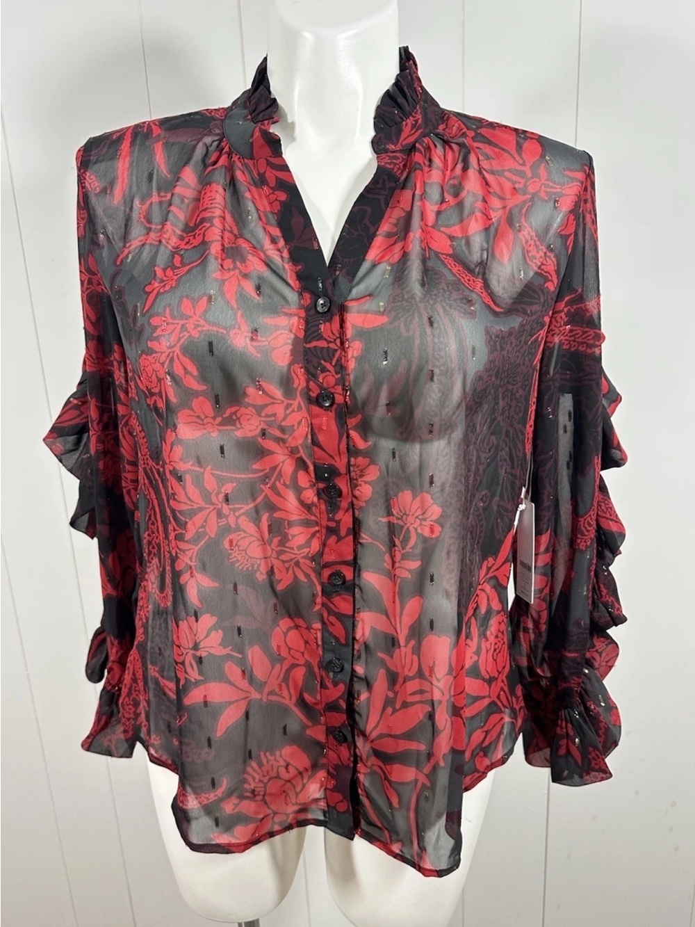 NWT Chicos Ruffle Detail Long Sleeve Chiffon Shirt Size 2 US 12/L Button Down